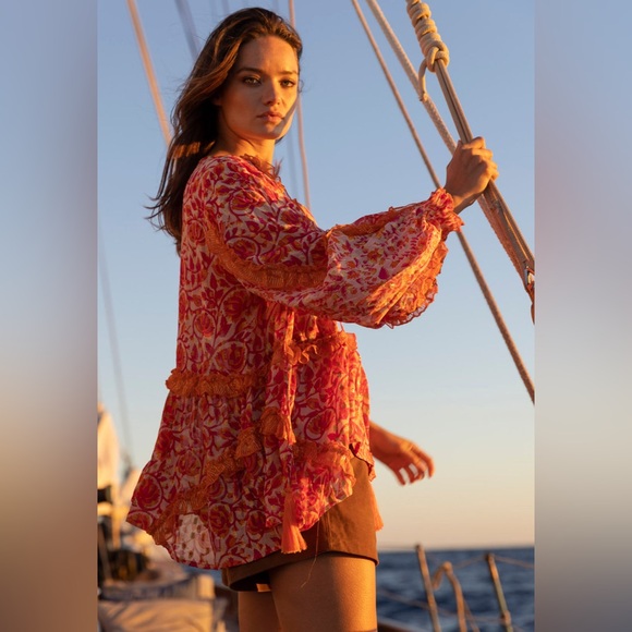 Miss June Paris Lurex Myko Long Sleeve Blouse Fuschia Orange Boho gorgeous! 742 - Picture 3 of 16